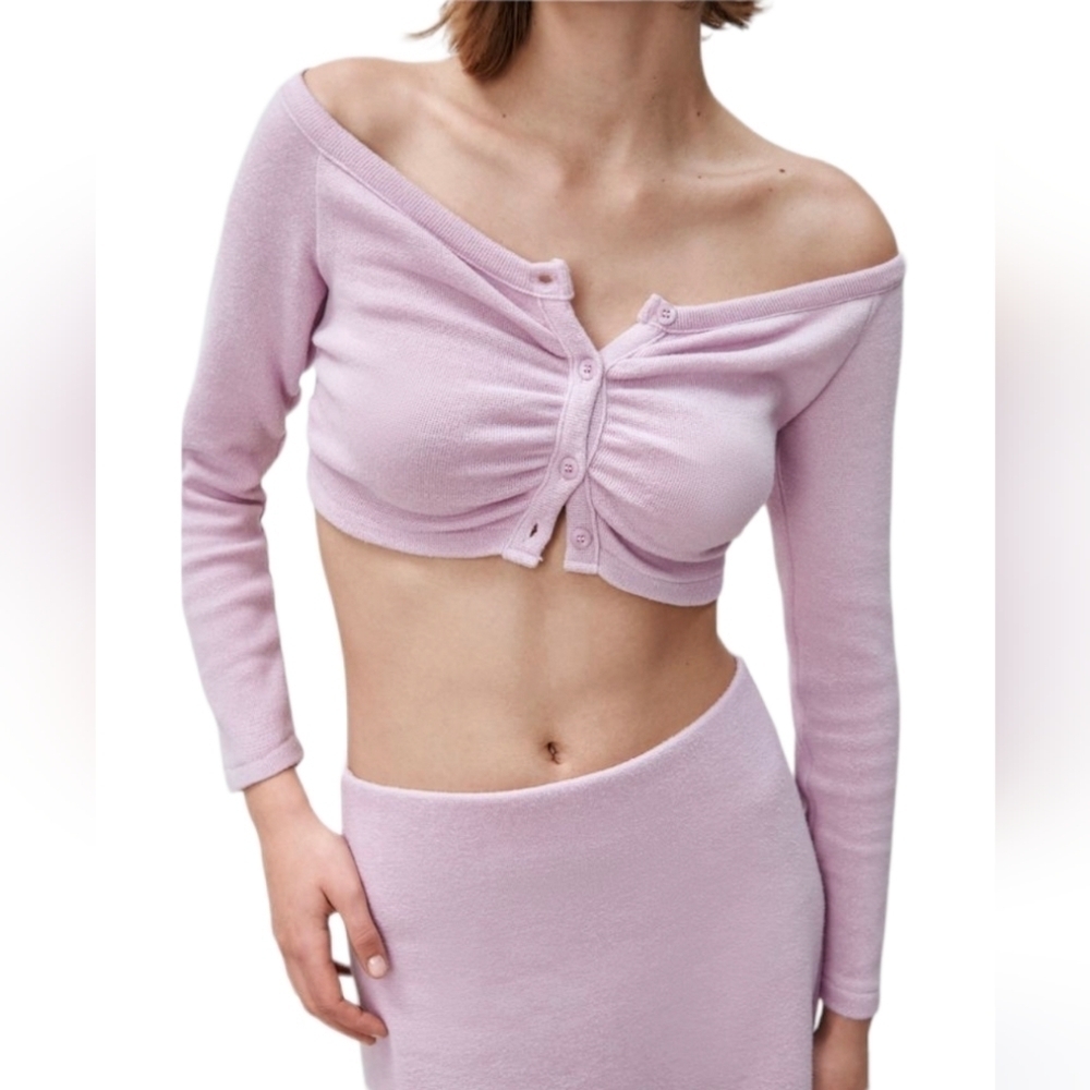 Zara soft ruched knit crop cardigan lilac pastel purple Large T9